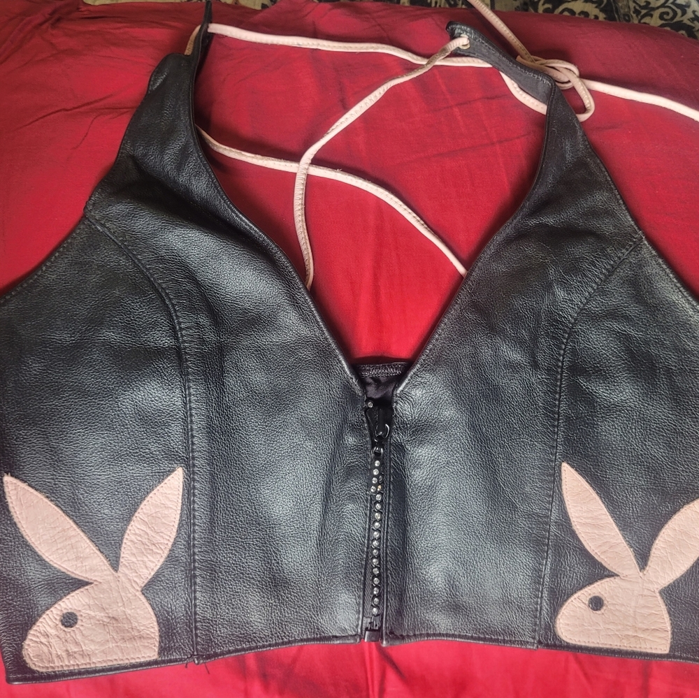 Playboy leather L/XL front zip halter crop top